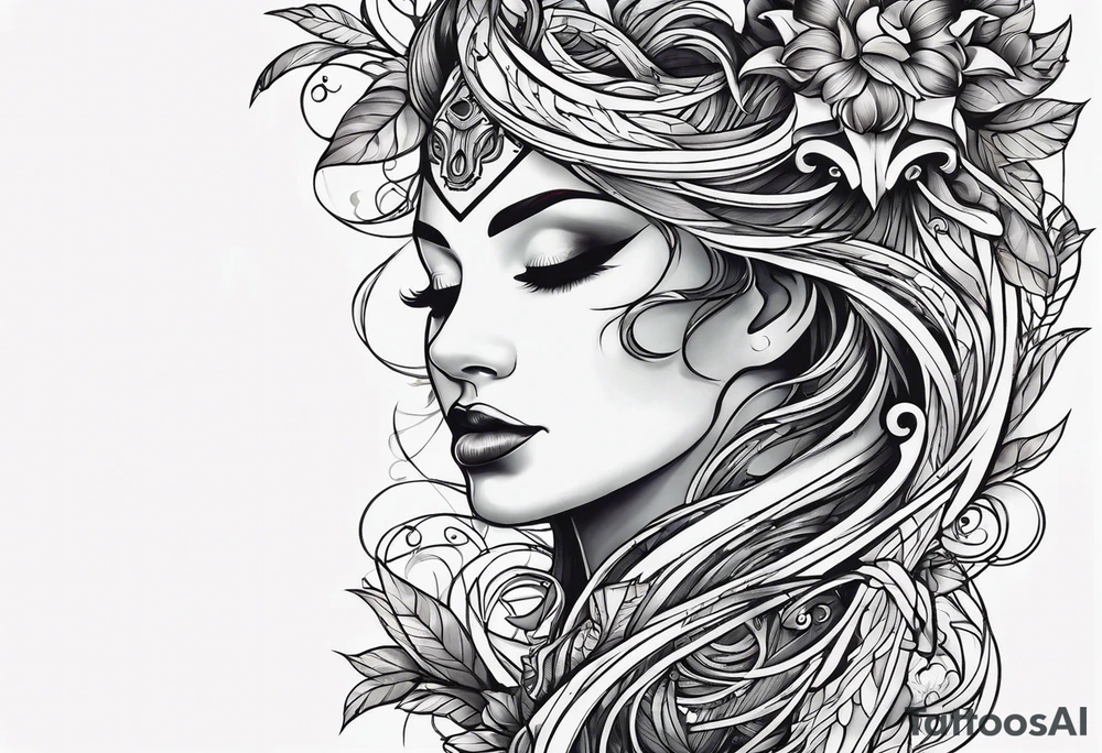 Bold geometric tapestry trident vines in colour on arm tattoo idea