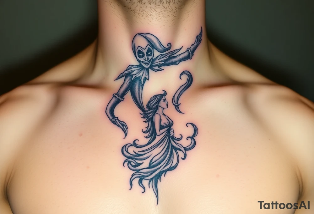 jester hovering over woman in smoke tattoo idea