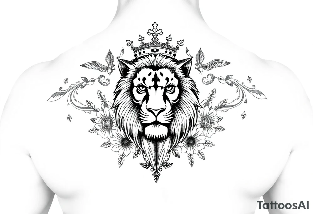 powerful majestic lion with a crown, surrounded by floral ornaments and birds tattoo idea