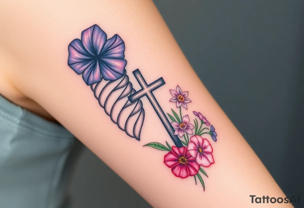A tattoo with A tattoo featuring ribs and a cross symbolizes the journey from death to life. Include a bouquet of the following flowers emerging from the life side: Morning Glory, Lily of the Valley, Daffodil, Rose, Poppy, and Violet. and a cross representing from death to life. Incorporate the following flowers in a bouquet coming out of the life side. Morning Glory, Lily of the Valley, Daffodil, Rose, Poppy, Violet tattoo idea