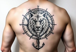 1/3wolf 1/3bear 1/3 lion surrounded by a compass with a small anchor on bottom. for sleeve tattoo idea