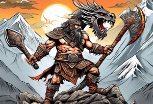 aztec dwarven warrior with a war axe fighting against a dragon in the mountains as the sun is rising tattoo idea