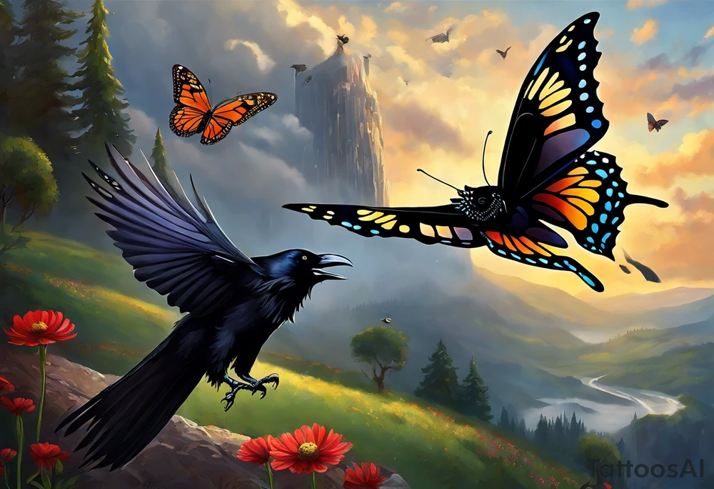 A butterfly flies towards the sky. Below the butterfly, a raven flies towards the sky. 
The butterfly and the raven are the same size
In the background is the name Malia.
In the background is the name SKF.
The number 89 can be seen in the background.
There is also a scorpion in the wing of the butterfly.
This tattoo is black and white and on the arm. tattoo idea