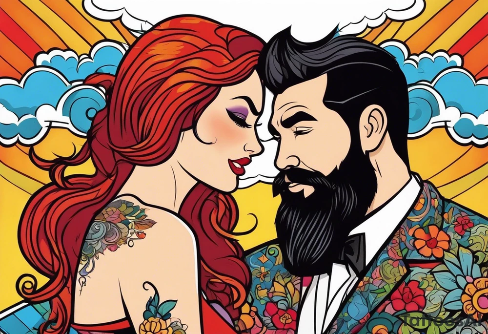 Busty Red haired woman with black haired bearded man tattoo idea