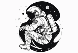 an astronaut hunched over in space from the back holding a planet tattoo idea