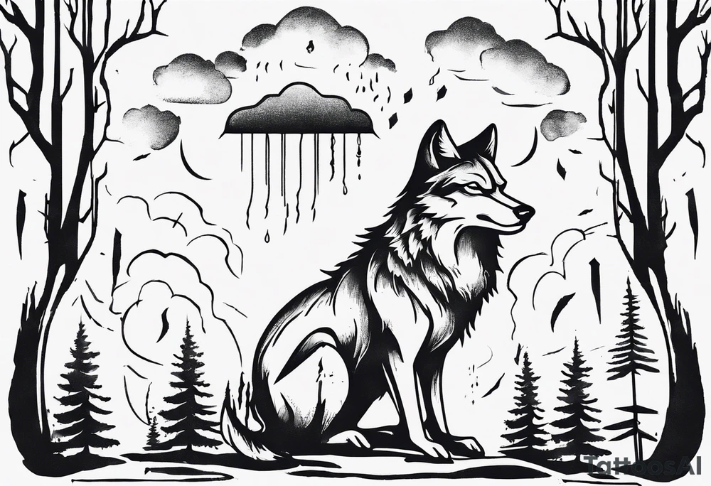 thunderstorm over a forest with a wolf howling on drums tattoo idea thunderstorm over a forest with a wolf howling on drums tattoo idea