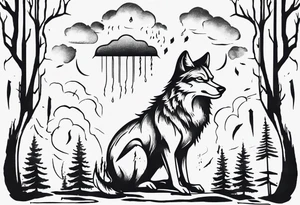 thunderstorm over a forest with a wolf howling on drums tattoo idea