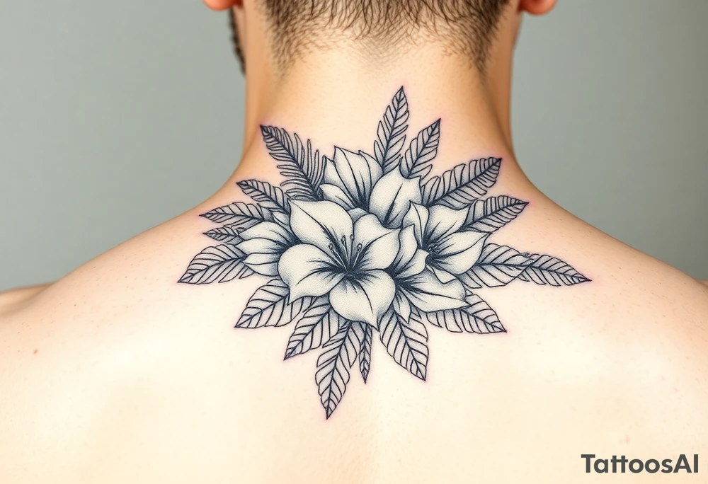 Bouquet made of birth flowers for the months of April May, June and August with exotic foliage like fern leaves and Monstera tattoo idea