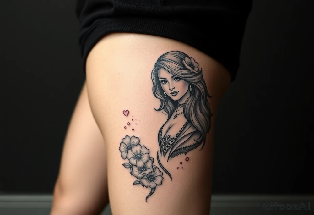 Full thigh tattoo with pretty girl and art work tattoo idea