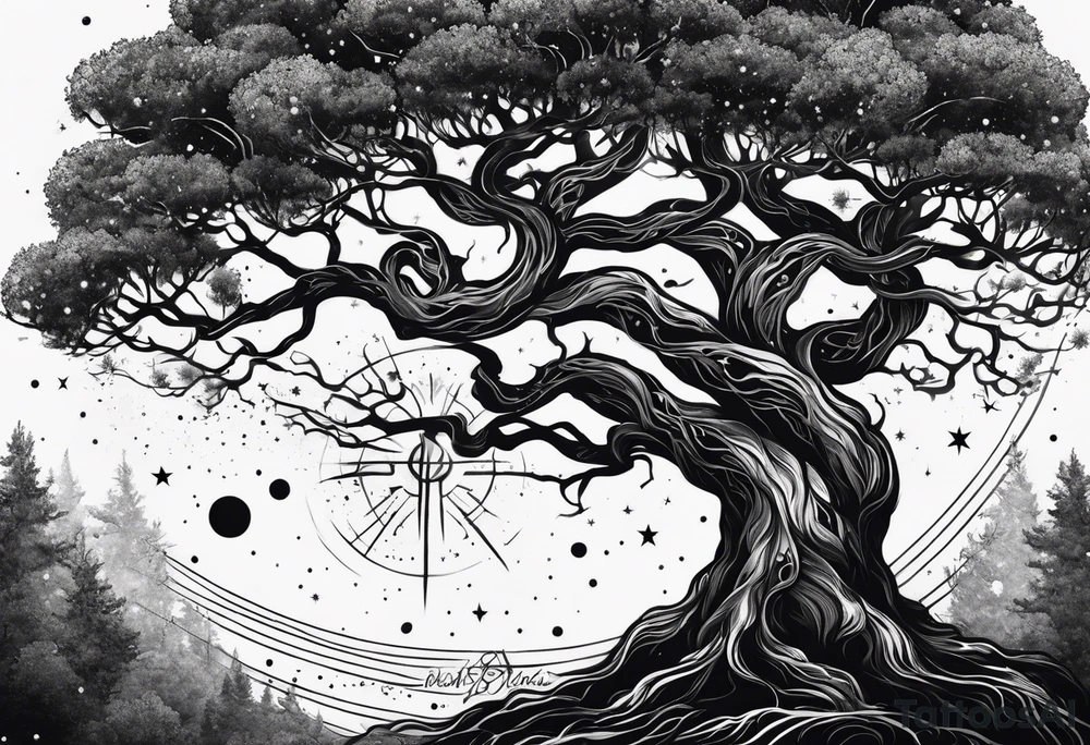 yggdrasil made of black space and stars tattoo idea