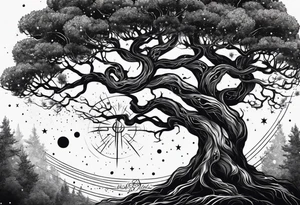 yggdrasil made of black space and stars tattoo idea
