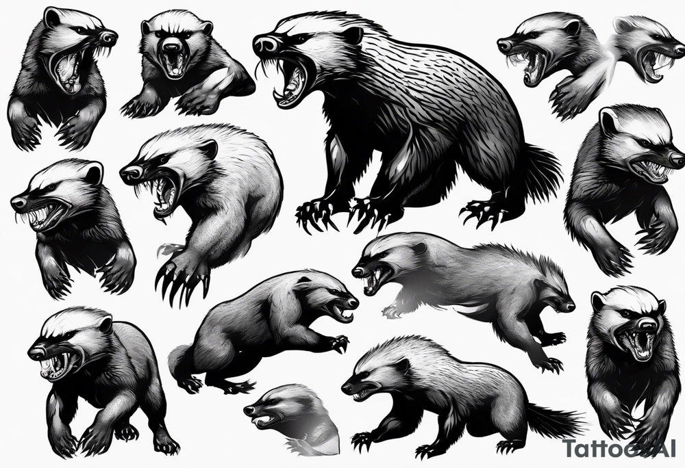 An angry, snarling, detailed honey badger with its face forward and paws spread tattoo idea