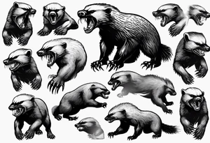 An angry, snarling, detailed honey badger with its face forward and paws spread tattoo idea