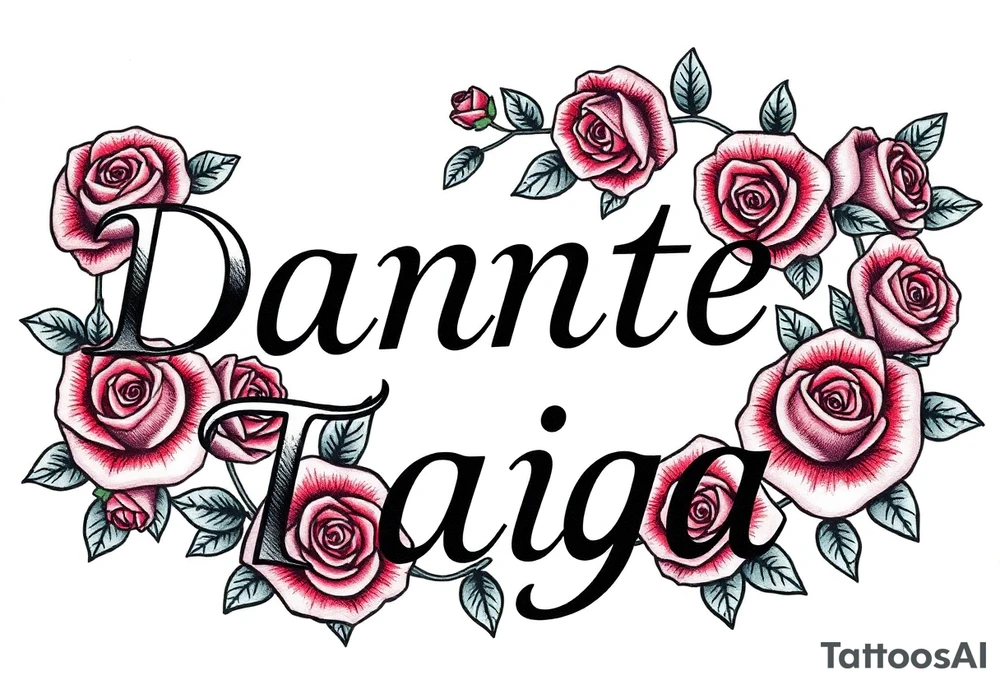 The names "Dante" and "Taiga" surrounded by roses tattoo idea
