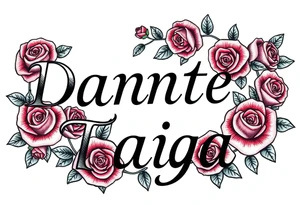 The names "Dante" and "Taiga" surrounded by roses tattoo idea