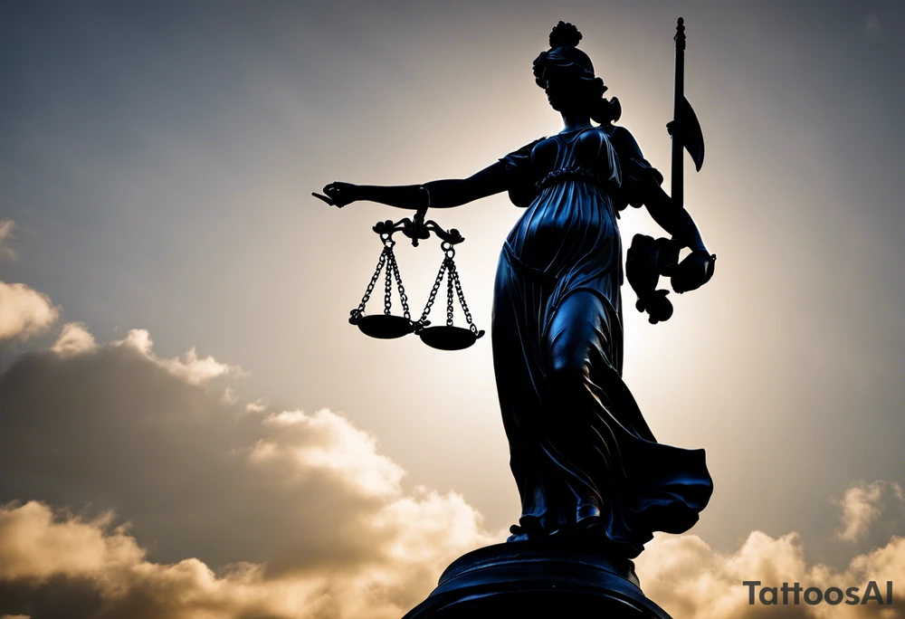 Lady Justice, 
Blindfold: Symbolizes impartiality, indicating that justice should be administered without bias, regardless of identity, wealth, power, or status.
Scales: Represent the weighing of evidence and arguments, ensuring a balanced and fair verdict.
Sword: Signifies the enforcement of justice and the authority to make decisions that can have powerful consequences.
In this depiction, Lady Justice is shown with black hair, which is a unique artistic choice compared to the more traditional representations. The scales, blindfold, and sword are all present, adhering to the classic iconography but with a modern and colorful twist. blue roses frames, background blue,present it in a tattoo tattoo idea