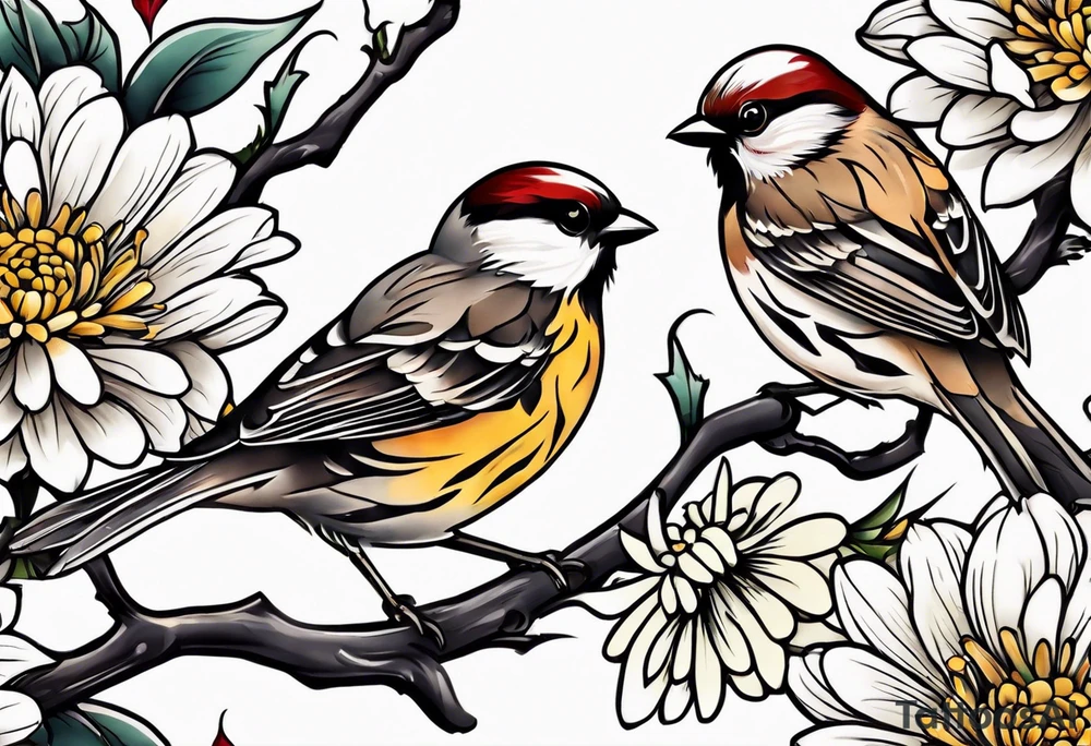 Sparrows and chrysanthemums tattoo idea