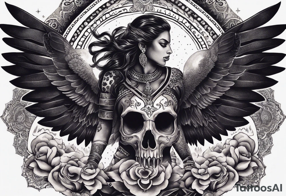 black kali, goddess pirate, alien, angel, pachamama, valkrye, warrior, flying, skull, lotus azul, wing, eagle, zenza resonance, stars, 5D, anahata chakra, death, durga, riding on a tiger, flying lady, kundalini, chest tatoo, rebel tattoo idea