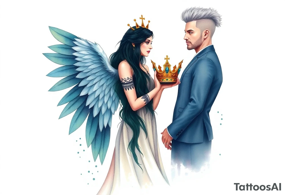 A Scorpio gypsy woman with wings like an angel and long black hair and green eyes holding a kings crown in her hands putting it on a tall man with silver short faux hawk hair and blue eyes. She is wearing a long flowing dress tattoo idea