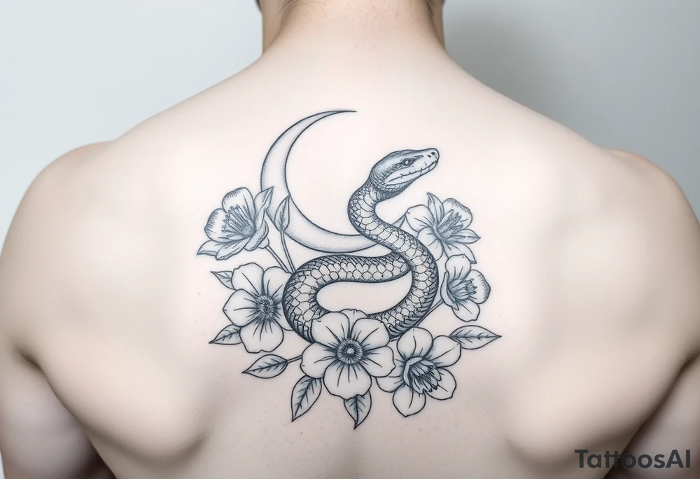 A snake slithering in different flowers with a crescent moon in the background tattoo idea