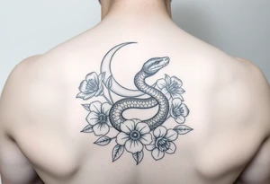 A snake slithering in different flowers with a crescent moon in the background tattoo idea