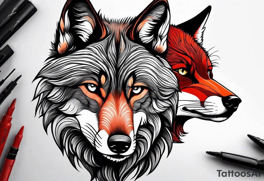 Black wolf and red fox nuzzling tattoo idea