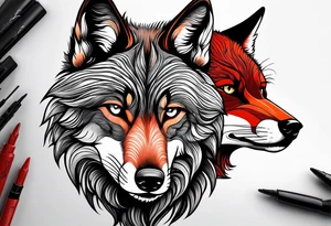 Black wolf and red fox nuzzling tattoo idea