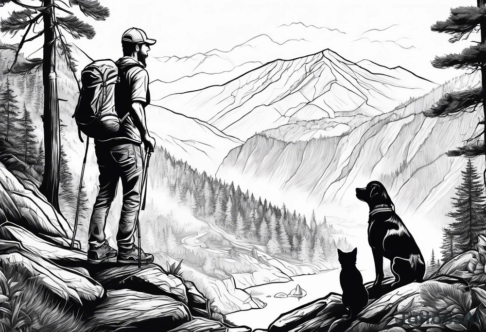 father son hiking with their dog and cat in the mountains, nature, waterfall, rive tattoo idea