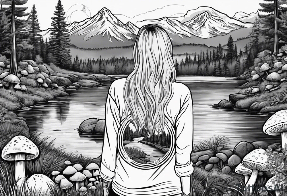 Whole picture encircled fully

Straight long blonde hair hippie girl in distance holding mushrooms in hand facing away toward mountains and creek surrounded by mushrooms long sleeve shirt and hiking pants; whole rendering within a full circle, no cut off circle tattoo idea