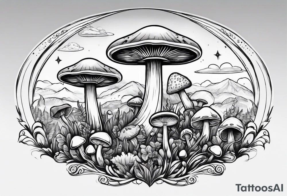 field of mushrooms with ufo in sky tattoo idea