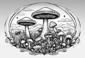 field of mushrooms with ufo in sky tattoo idea