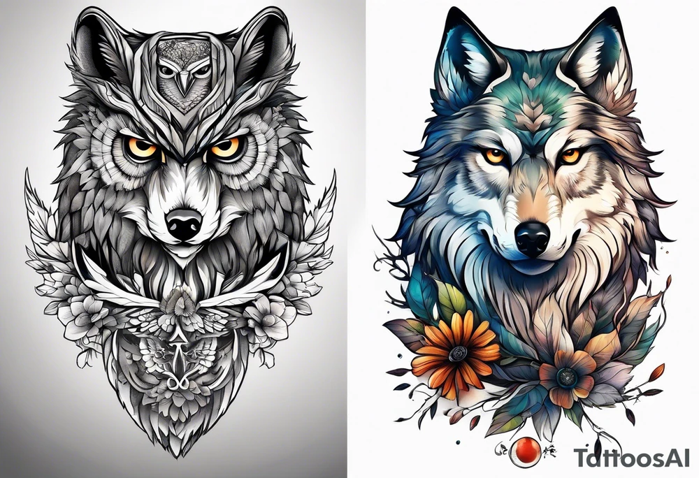 An owl a Wolf and a dendelion tattoo idea