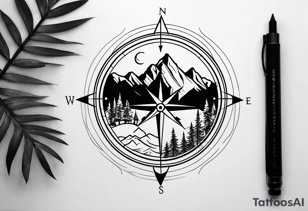 compass with mountains, trees, tavel inspired tattoo idea