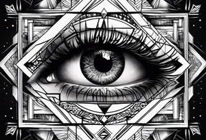 Extremely hyper realistic eye inside geometric shapes that are extremely complex and defy physics tattoo idea
