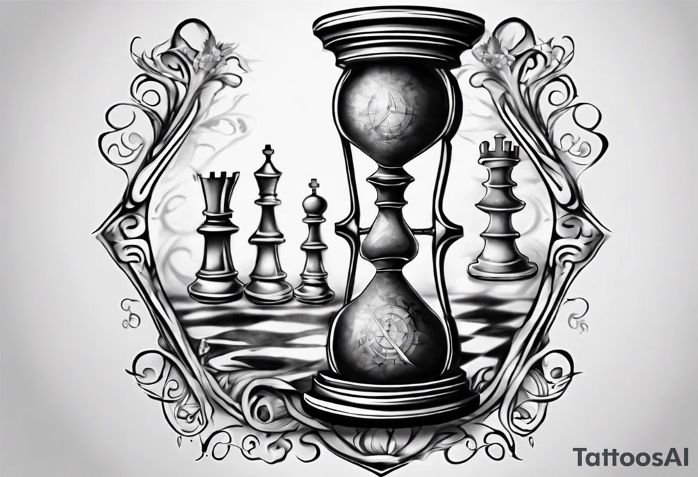 hourglass in the shape of a chess peace with filagree in the background tattoo idea