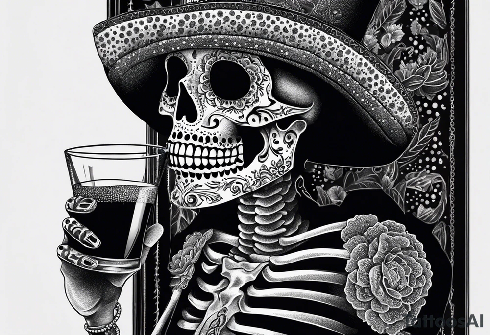 Mexico day of dead  man standing
 skeleton drink horizontal tattoo idea