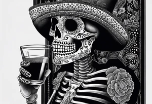 Mexico day of dead  man standing
 skeleton drink horizontal tattoo idea