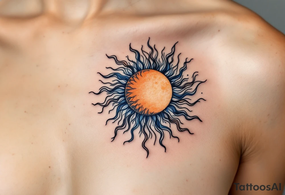 A sun-and-moon fusion circle in warm orange and cool indigo with fine line detailing. tattoo idea