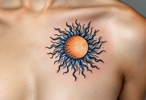 A sun-and-moon fusion circle in warm orange and cool indigo with fine line detailing. tattoo idea