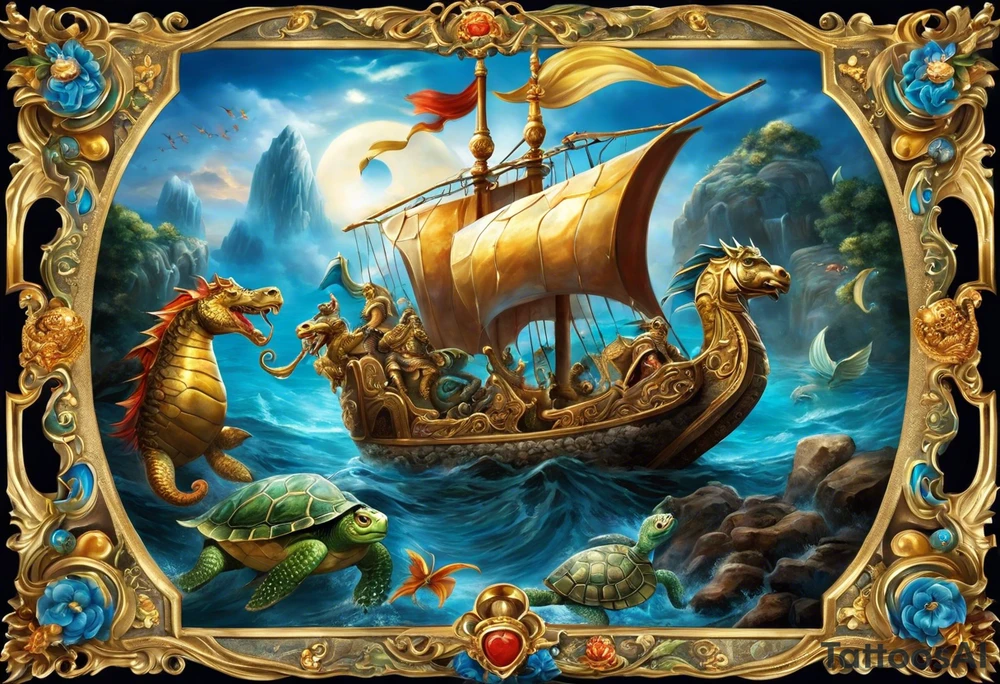the tatto will be large in the middle there are sea horses pulling a chariot they are the mythical beast castor and phalox, on the upper right is a blue nose and a rock sourrounded by water, on the upper left is a turtle with a golden shell and on the bottom is a ribbon with a sparrow on each side holding it up tattoo idea