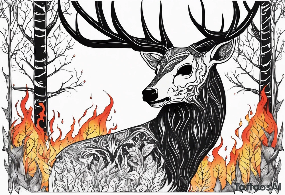 side view of a standing on two legs deer humanoid skull JUST BONE surrounded by a flames and trees tattoo idea