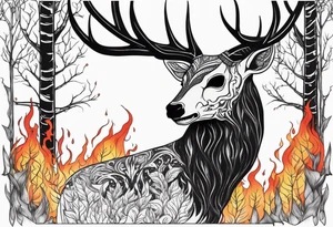 side view of a standing on two legs deer humanoid skull JUST BONE surrounded by a flames and trees tattoo idea