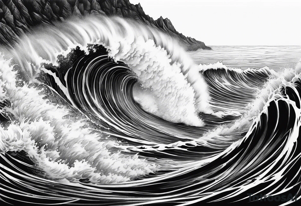 TIDAL WAVE ENGULFING A MOUNTAIN tattoo idea