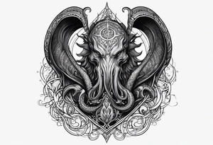 Lovecraftian creature protecting heart. Long tattoo for sleeve. Vertical. tattoo idea