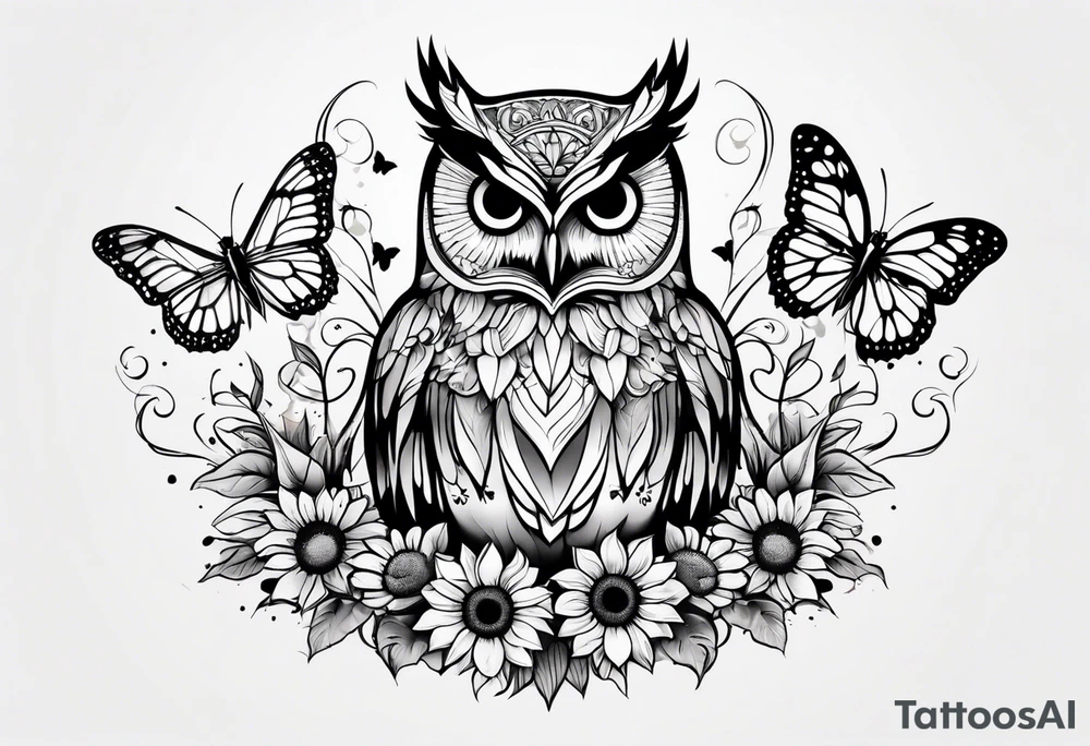 Small owl.with sunflowers and butterflies tattoo idea
