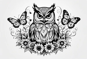 Small owl.with sunflowers and butterflies tattoo idea