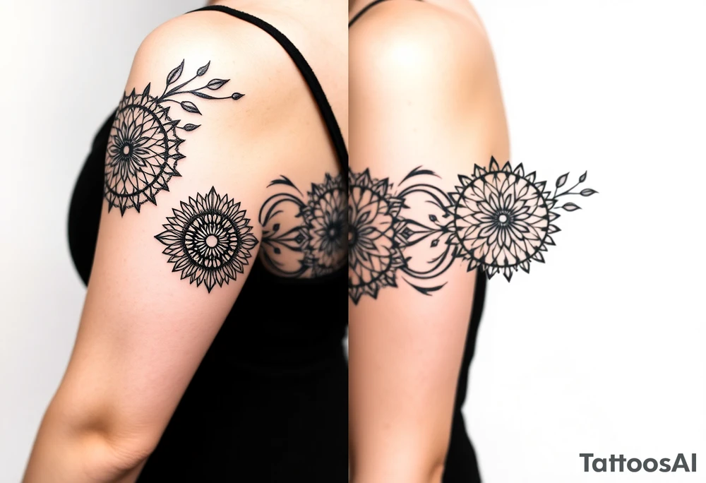 5 Geometric floral circles connected to reflect family unity. Two base elements for my husband and I, intertwined floral patterns like mirrored vines or spiral paisleys representing our identical twins, and a Gemini zodiac sign for my son. Use feminine-yet-bold linework and Interconnected elements tattoo idea