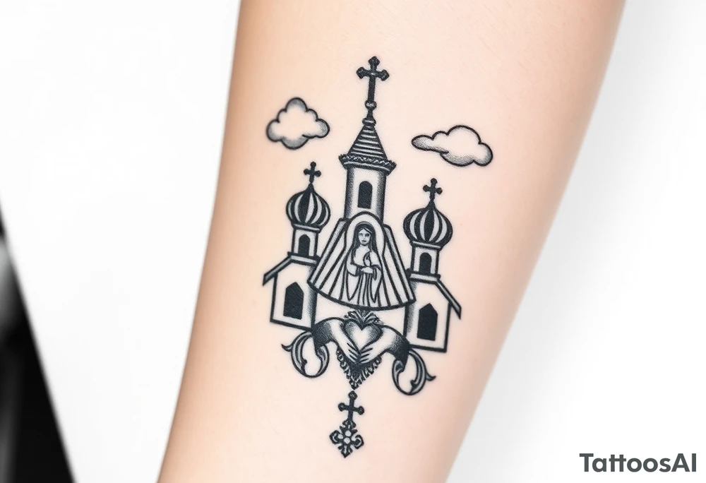 Russian Orthodox church with orthodox spire crosses, with clouds above it and a virgin mary seperately looking over hands on heart sat above tattoo idea