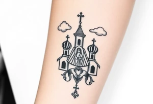 Russian Orthodox church with orthodox spire crosses, with clouds above it and a virgin mary seperately looking over hands on heart sat above tattoo idea