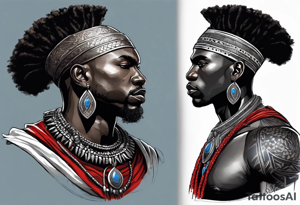 Black-skinned bald african warrior. He wears  a small silver crown. He wears two simple necklaces: one blue, other red. tattoo idea